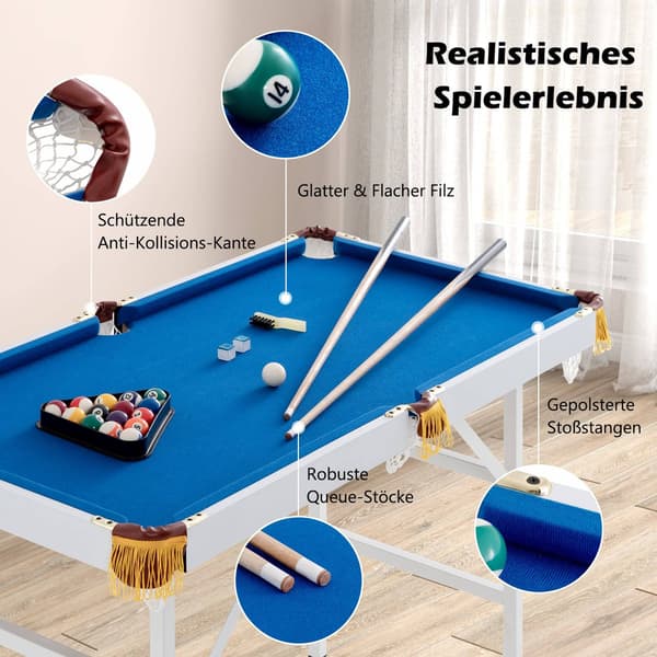 Sammenklappeligt poolbord med køer, bolde, kridt og børste