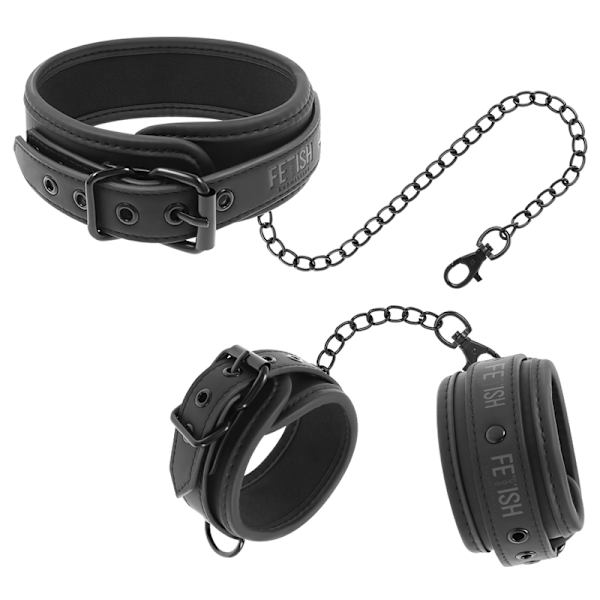 Fetish Submissive - Veganskt läderhalsband och handbojor med noprenfoder