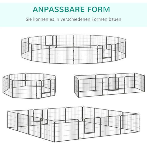 Valpkör utomhus, 60H cm, 16 segment, lekhage för husdjur, valpstaket, lekhage, anpassningsbar, med 2 dörrar, stål