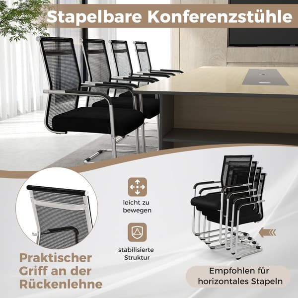 Stabelbare kontorstole, 4-pak, åndbart mesh, sort