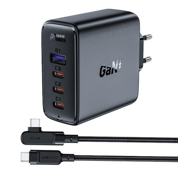 GaN snabb nätverksladdare 3x USB-C 1x USB-A + vinklad USB-C-kabel 100W 2m svart