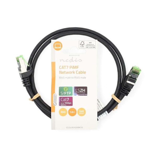 CAT7 nätverkskabel | S/FTP | RJ45 hane | RJ45 hane | 1.00 m | Snagless | Rund | LSZH | Svart | Label