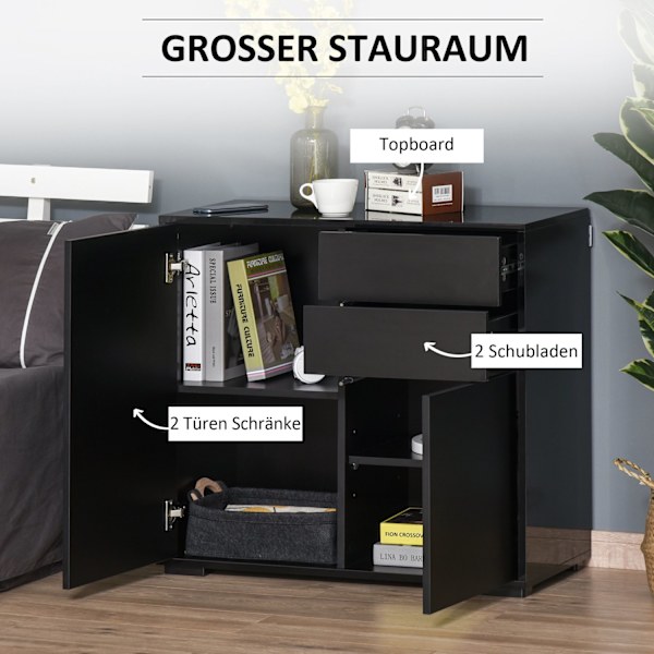 Sideboard Svart Förvaringsskåp Med 2 Lådor & 2 Dörrar, Lutningsskydd, För Vardagsrum/Sovrum, 117X36X74Cm