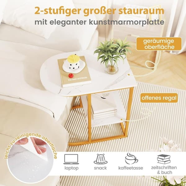 C-format sidobord, fuskmarmor, 2-vånings förvaring