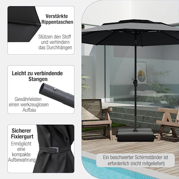 Terrasseparasol, 300 cm, Ventileret, Vippefunktion, Sort