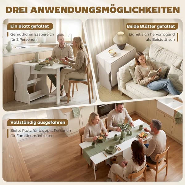 Hopfällbart matbord med förvaring, plats för 2-4, vit, 160x60x75 cm