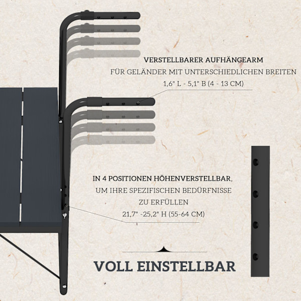 Altanbord Til Ophæng, Altanhængebord Foldbart, 4-Vejs Højdejusterbart, Hængebord Kan Holde Op Til 25 Kg, Aluminium, 60 X 40 Cm, Sort