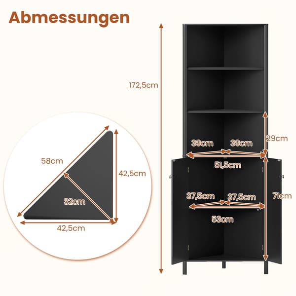 Hjørnekøkkenskab, 2 døre og 5 hylder, sort, 68"