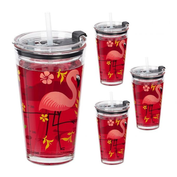 4 juomalasien setti flamingo-aiheisella kuviolla