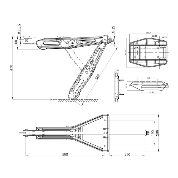 Hjørnestød 1000kg 605x280mm H:430mm inkl. stabilisatorfod og udvidet nivelleringsmekanisme