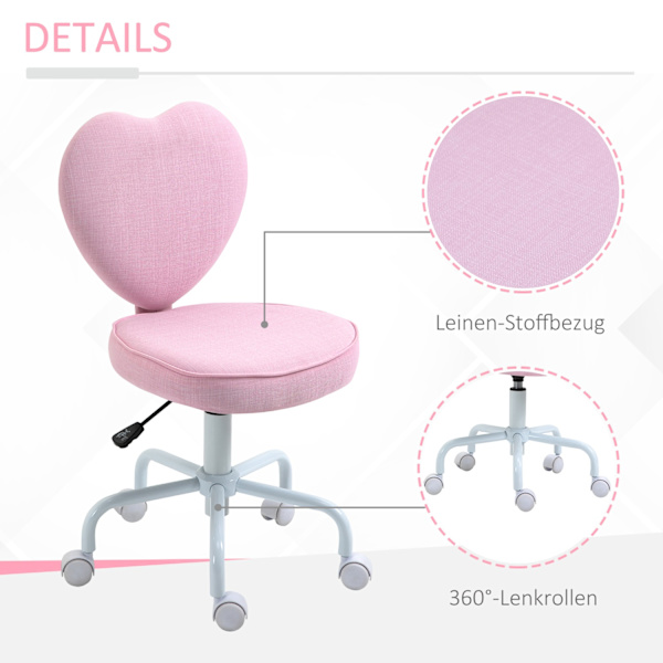 Drejestol Executive Stol Computer Stol Sæde Højdejustering Sød Hjerteformet Polstring Pink Hørstof 40 X 50 X 79-89 Cm