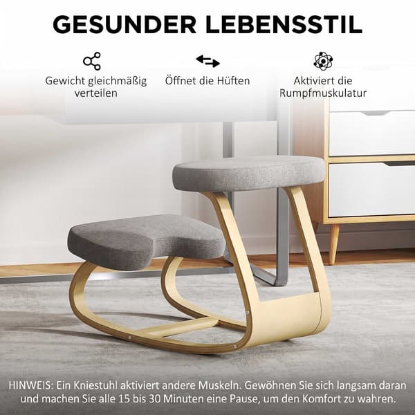Ergonomisk knäböjd stol, björkträbas, grått tyg