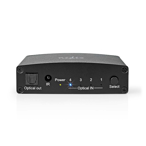 Digital Audio Switch | 4-vejs | Tilslutninger indgang: DC strøm / 4x TosLink | Tilslutninger udgang: TosLink Hun | Fjernbetjening / Manual / Trykknap