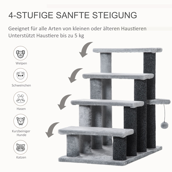 Pet Trappe Kattetrappe Med Kradsestolpe Bold 4-Trins Hundetrappe Dyretrappe Spånplade Plys Jute Grå 60 X 40 X 64 Cm