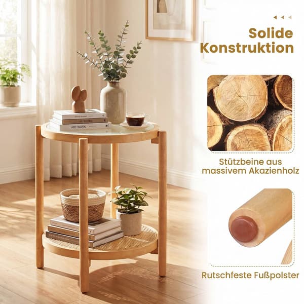 Boho-pyöreä sivupöytä karkaistulla lasikannella, luonnonvärinen