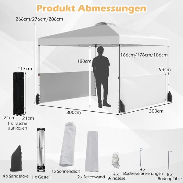 Pop-up paviljong 3x3m med sidor, väska, vindrep, vit
