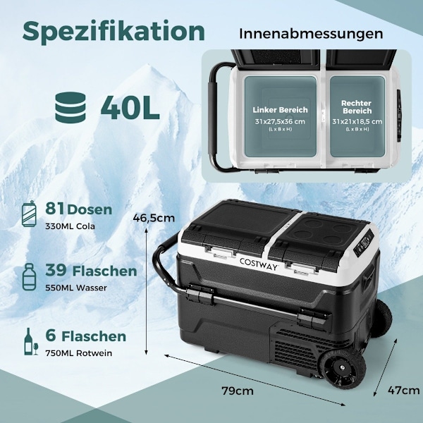 12V bilkyl med 2 kylzoner 40L bärbar frys med kompressor (-20℃~20℃)