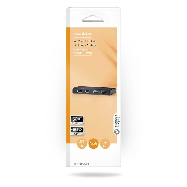 USB-keskitin | USB-A Uros | 4x USB A Female | 4-Porttinen port(s) | USB 3.2 Gen 1 | USB Virta / Verkkovirtakäyttöinen | 4x USB