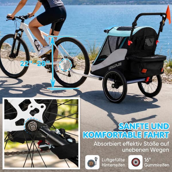 2-i-1 cykelanhænger, klapvogn, foldbar, 16" luftdæk