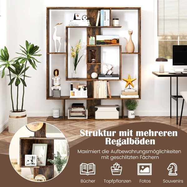 7-vånings bokhylla, geometrisk design, rustik brun