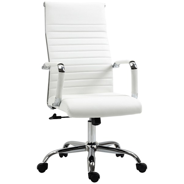 Kontorstol med vippefunktion, stålfødder, ergonomiske, 360° drejelige hjul, imiteret læder, bæreevne 120 kg, 54 x 62 x 104-114 cm, hvid