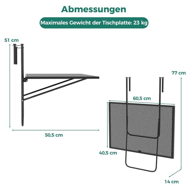 Fällbart balkongbord – hängbord i metall, svart
