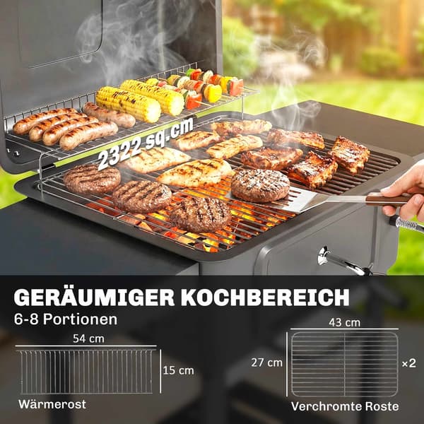 Trækulsgrillryger med justerbar kulpande og termometer