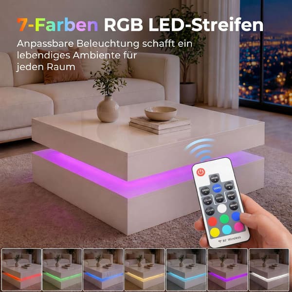 LED sofabord med opbevaring, 2-lags, højglans hvid