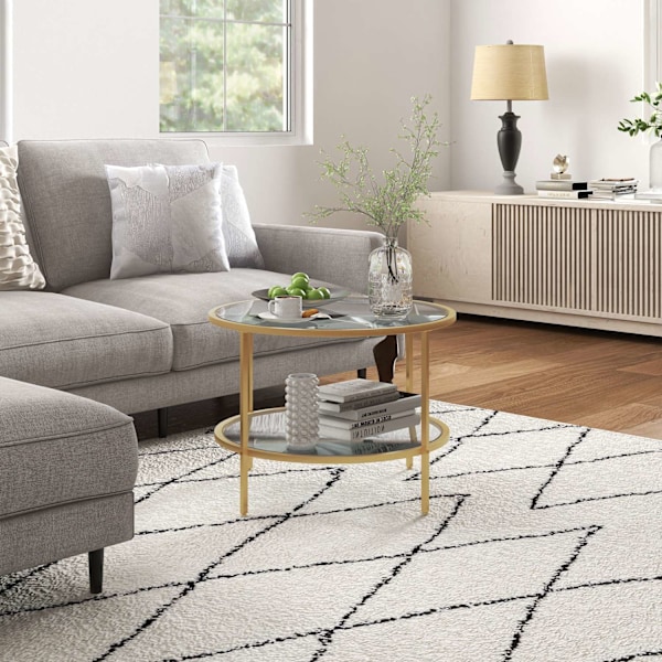 Sidebord rundt sofabord med hylde, stålstel, sofabord, natbord til stue, soveværelse, guld, Ø60 x 43 cm