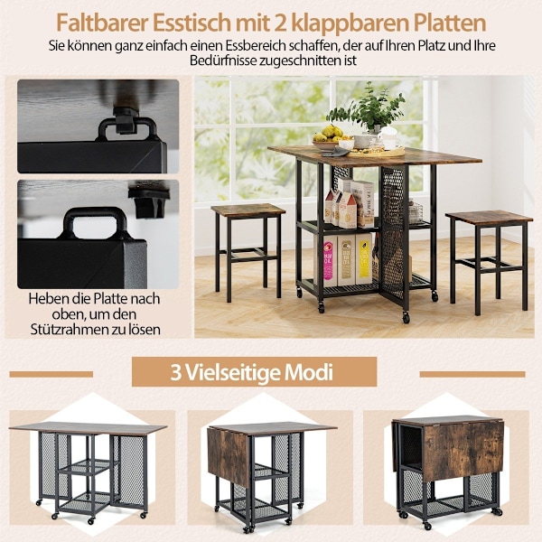 3 stycken Fällbart matbordsset Utdragbart matbord med 2 pallar och 2 näthyllor