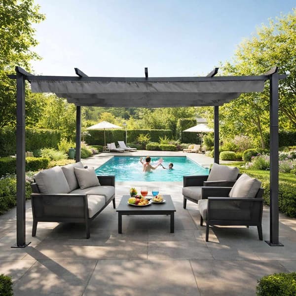 Havepergola 3x4m, stålramme, grå baldakin