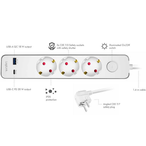 Strømskinne 3-vejs + USB-A/USB-C PD 20W, 1,4m, Hvid