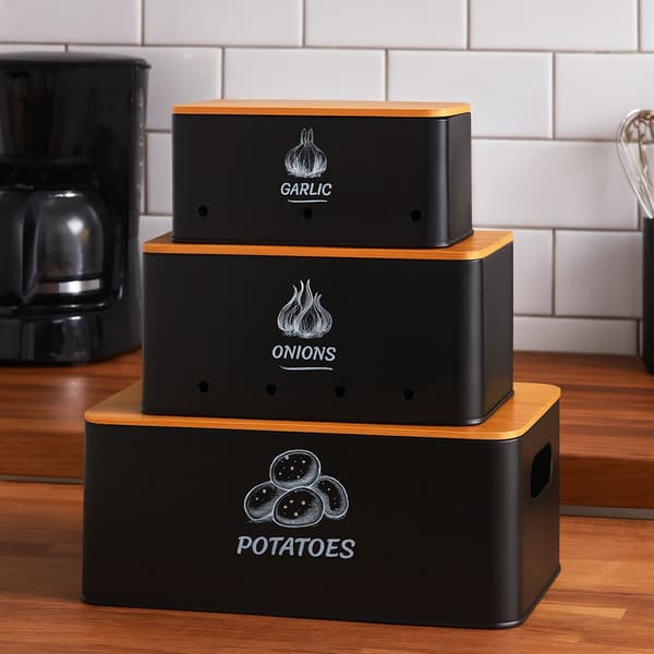 Förvaringsboxset, 3 delar, metall med bambulock