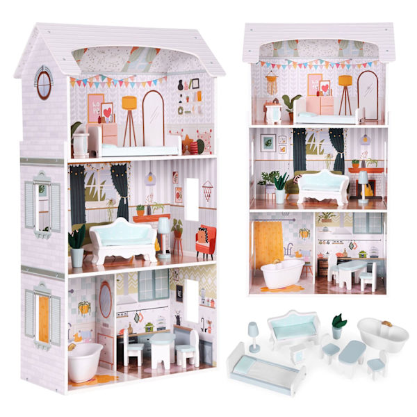 Alice Dollhouse – 3 våningar, 4 rum, set med 9 möbler ECOTOYS