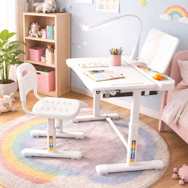 Justerbart barnskrivbord med stol och LED-lampa – Vit
