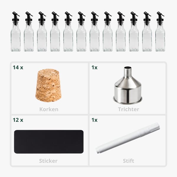 12 glasoljeflaskor med hällare och etiketter i set