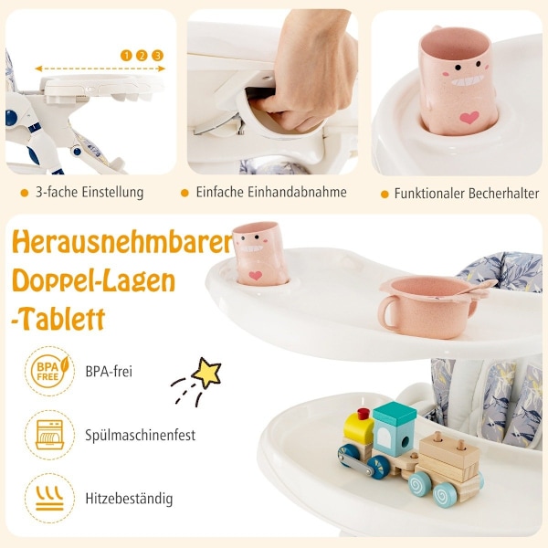 Sammenklappelig højstol med hjul & justerbar højde & fodstøtte & ryglæn Babysæde Marineblå