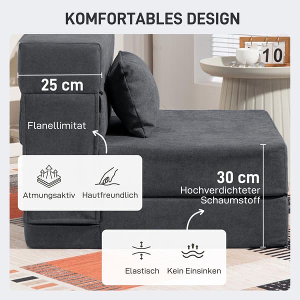Bäddbar bäddsoffa – skum, mörkgrå, med kudde