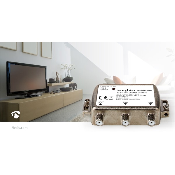 CATV forstærker | Forstærkning: 12 dB | 85 - 1218 MHz | Antal output: 2 | Retur sti | Sølv