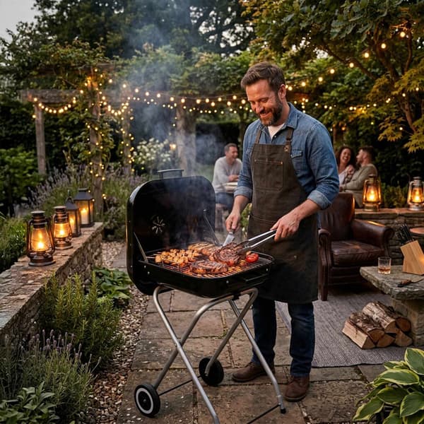 Bärbar kolgrill med lock och hjul, svart stål