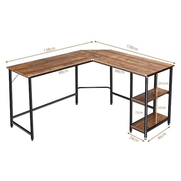L-formet skrivebord hjemmekontor med 2 hylder 138 x 138 x 75,5 cm kaffebrun + sort