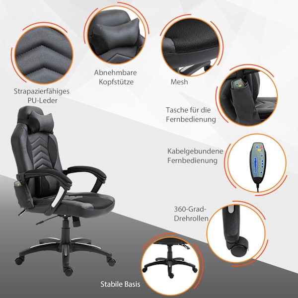 Gaming Chair Kontorstol Med Varmefunktion 6 Vibrationspunkter Ergonomisk Drejestol Massagestol Kunstlæder Sort B68 X D69 X H (108-117) Cm