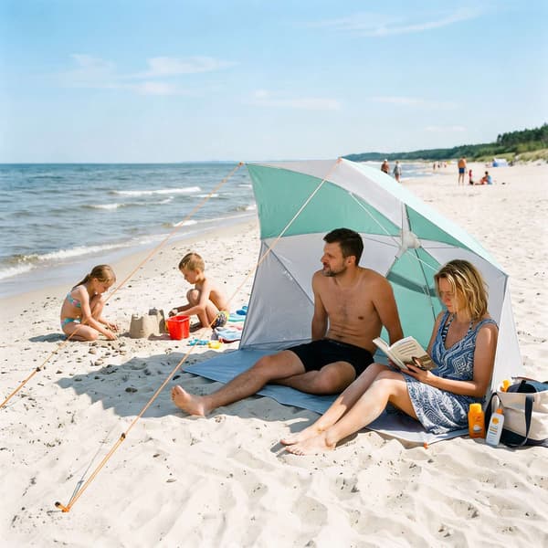 2-i-1 strandparasoll – vindskydd, UV, 180 cm golv