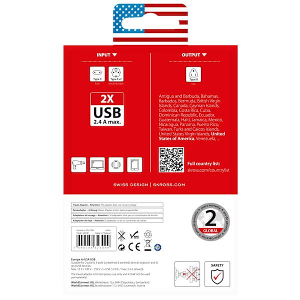 Rejseadapter Europa til USA etc. 2xUSB-A 12W Jordet