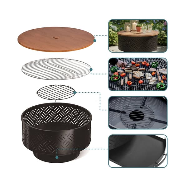 Bålskål med låg og grill – sort, til havebrug