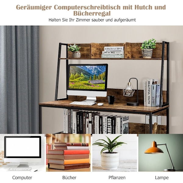 Computer skrivebord med hylde & bogreol & justerbare fodpuder Skrivebord Arbejdsbord kaffe