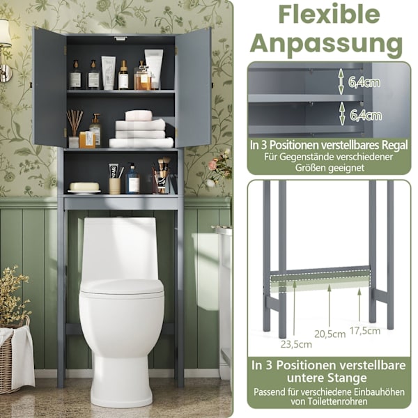 Toiletskab med justerbar hylde, grå MDF