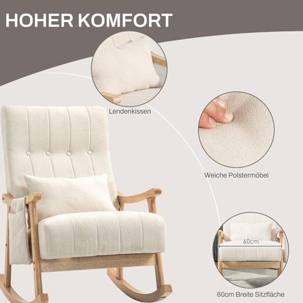 Gyngestol polstret gyngestol med lændepude sidelomme afslapningsstol træramme linned look til stue soveværelse beige