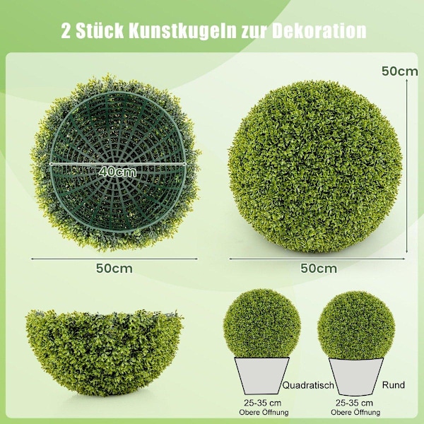 Setti 2 kpl puksipuupalloja, 50 cm, puksipuupalloja, UV-kestäviä, koristeellisia pallokasveja kotiin