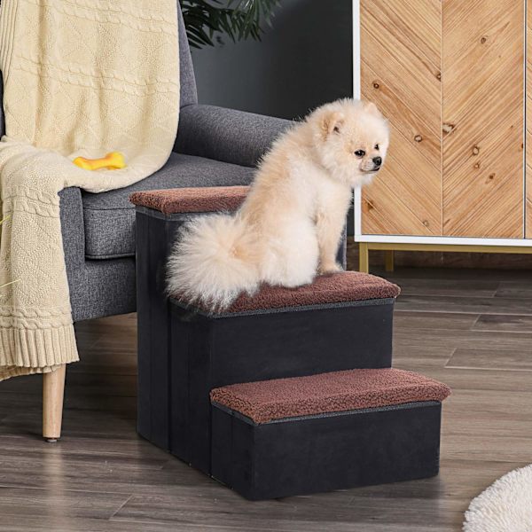 Pet Stairs Foldbar Kattetrappe/Hundetrappe Med 3 Trin Og Opbevaringsplads, Til Katte Og Hunde, Mdf, Sort, 40X54X48Cm